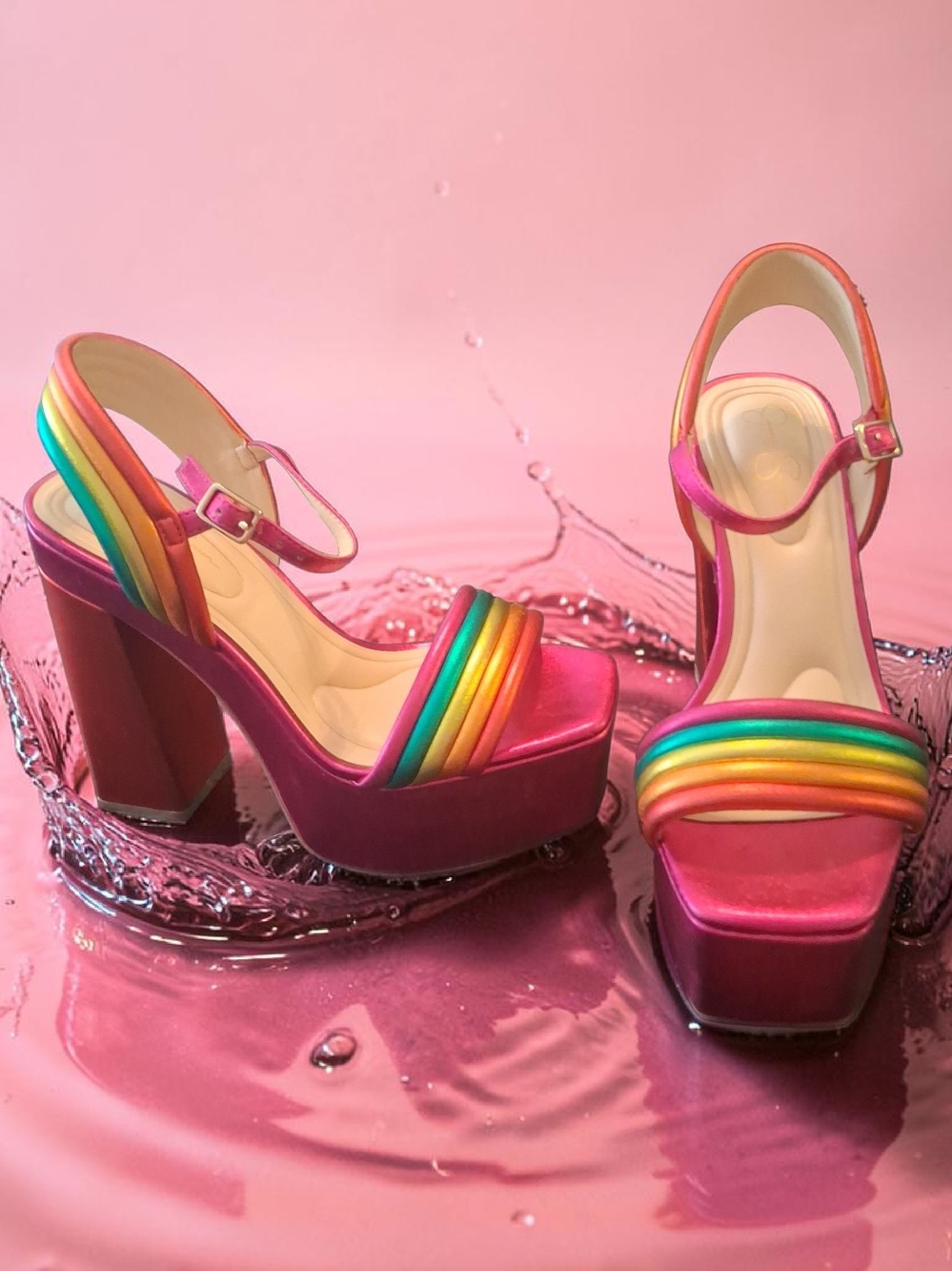 Jessica Simpson Pink Platform Heels with Rainbow Straps